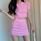 Polo Collar Short-sleeved Top / Plain High-waist A-line Skirt