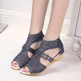 Embellished Faux Leather Buckled Back-zip Sandals