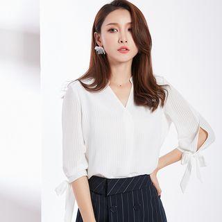 Tie-cuff Gingham Chiffon Blouse
