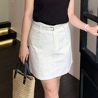 High-waist Denim A-line Skirt With Belt