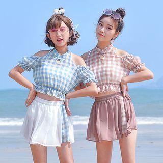 Set: Bikini Top + Pleated Swim Skirt + Plaid Cut Out Shoulder Cover-up