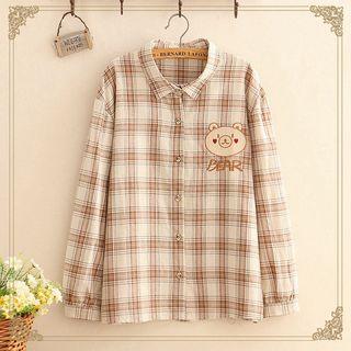 Bear Embroidered Gingham Shirt