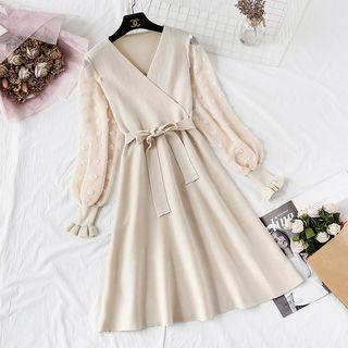 Dotted Balloon-sleeve Tie-front Knit Dress