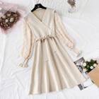 Dotted Balloon-sleeve Tie-front Knit Dress