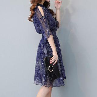 Open Shoulder Short-sleeve Chiffon Dress