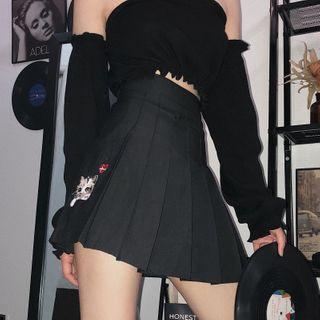 Cat Embroidered Pleated Mini Skirt