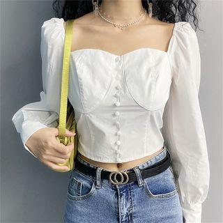 Square-neck Plain Long-sleeve Blouse