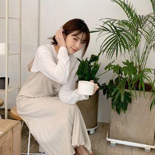 Spaghetti-strap Pleated Long Pinafore Dress Beige - One Size