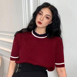Short-sleeves Contrast Trim Knitted T-shirt Red - One Size