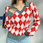 Long Sleeve V-neck Argyle-print Loose-fit Sweater