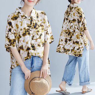 Printed Elbow-sleeve Blouse Army Green - One Size