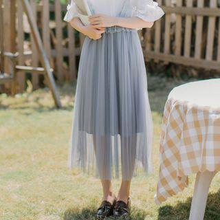 Midi A-line Pleated Suspender Skirt