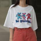 Bear Print Round Neck T-shirt White - One Size