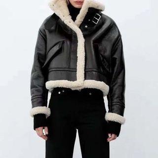 Buckled Collar Faux Leather Zip Jacket