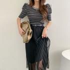 Set: Striped Knit Top + Pleated Tulle Skirt Black - One Size