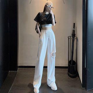 Short-sleeve Lettering Print Cropped T-shirt / Tank Top / Cutout Sweatpants
