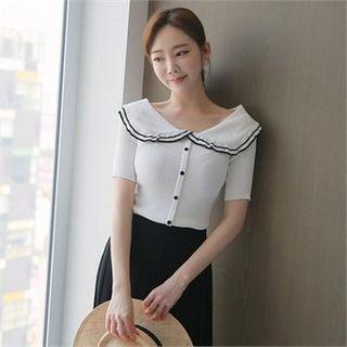 Wide-collar Button-trim Knit Top