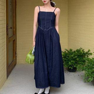 Spaghetti Strap Midi A-line Denim Dress Blue - One Size