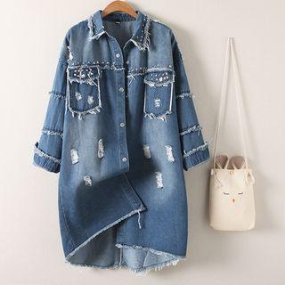 Studded Ripped Long Denim Jacket