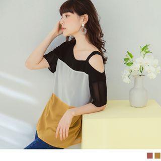 Cold Shoulder Color Block Short Sleeve Chiffon Top