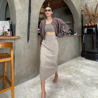 High-waist Plain Knit Skinny Skirt