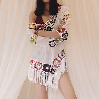 Elbow-sleeve Patterned Fringed Top As Shown In Figure - One Size