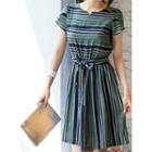 Open-placket Striped Dress With Sash