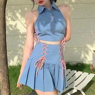 Halter-neck Collared Top / Lace-up A-line Skirt