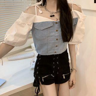 Cold-shoulder Mock Two-piece Denim Top As Shown In Figure - One Size