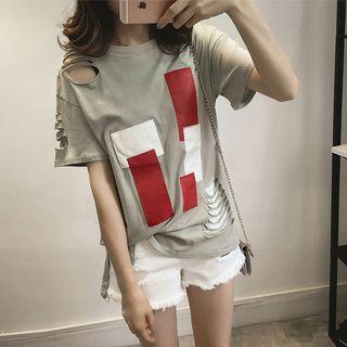 Patched Short-sleeve Distressed T-shirt
