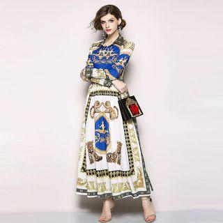 Printed Long Sleeve Collared Maxi Dress