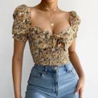 Puff-sleeve Tie-front Floral Print Shirred Top