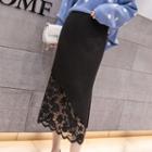 Lace Panel Midi Knit Pencil Skirt