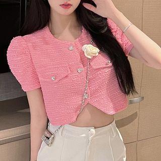 Puff-sleeve Tweed Crop Top