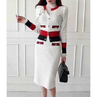 Set: Contrast-trim Slim-fit Cardigan + H-line Skirt