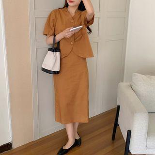 Short-sleeve V-neck Blouse / Midi Pencil Skirt