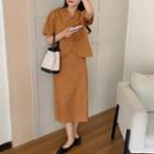 Short-sleeve V-neck Blouse / Midi Pencil Skirt
