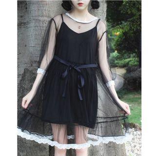 Set : Spaghetti Strap Dress + Mesh Elbow-sleeve Top