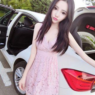 Deep Plunge Sleeveless Lace Dress