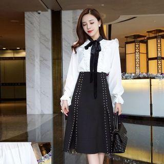 Set: Lace Trim Tie-neck Blouse + High Waist Skirt