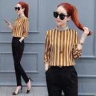 Long-sleeved Stand Collar Loose-fit Striped Blouse
