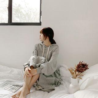 Raglan-sleeve Long Hoodie Dress Gray - One Size