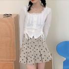 Long-sleeve Frill Trim Drawstring Blouse / Bow Print Pleated Mini A-line Skirt