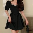 Puff Short-sleeve Plain A-line Dress