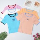 Butterfly Embroidered Knit Cropped T-shirt