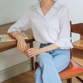 Frilled Elbow-sleeve Sheer Shirt