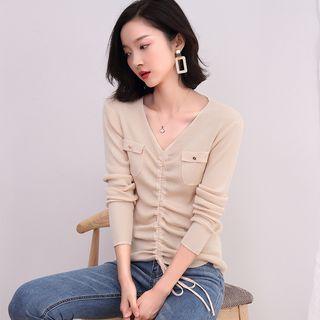 V-neck Drawstring Long-sleeve Knit Top