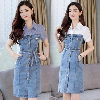 Short-sleeve Denim Panel Shirtdress