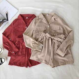 Set: Striped Long-sleeve Blouse + High-waist Wide-leg Shorts