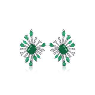Simple Bright Geometric Earrings With Green Cubic Zirconia Silver - One Size